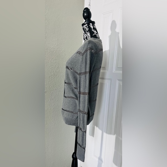 LOFT Sweater sheer silver metallic stripe V neck Size L NWOT - Picture 3 of 8